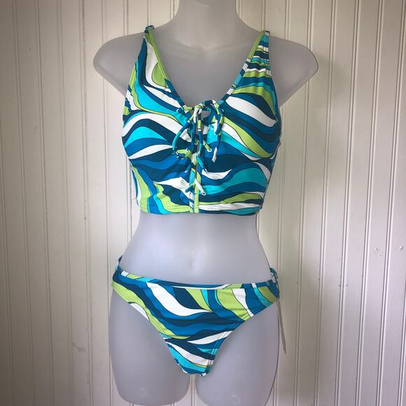 MICHAEL KORS Retail $180 Blue Swirl Lace Up Longline 2 Piece Bikini Size Small - Picture 1 of 6